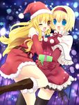  alice_margatroid bad_id bad_pixiv_id blonde_hair blue_eyes braid elbow_gloves gift gloves hairband hat holding holding_gift kirisame_marisa long_hair multiple_girls one_eye_closed santa_costume santa_hat short_hair thighhighs tokira_nozumi touhou yellow_eyes 