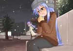  bench blue_hair blush breath coat cold gloves green_eyes hair_ribbon hat hiiragi_kagami izumi_konata jacket long_hair lucky_star mole mole_under_eye multiple_girls pantyhose purple_hair ribbon running ryuunosuke_(luckyneco) scarf snow star tree tsurime very_long_hair winter winter_clothes worried yuri 