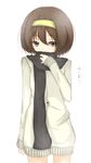  bad_id bad_pixiv_id blue_eyes brown_hair coat hair_ribbon hairband meet_neet ribbon scarf short_hair solo suzumiya_haruhi suzumiya_haruhi_no_yuuutsu 