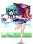  bad_id bad_pixiv_id barefoot bent_over full_body green_hair heterochromia karakasa_obake one-piece_swimsuit purple_umbrella r0g0b0 school_swimsuit short_hair solo standing standing_on_one_leg swimsuit tatara_kogasa tongue touhou umbrella 