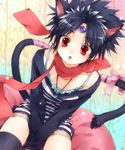  androgynous animal_ears black_hair cat_ears crossdressing hiei_(yuu_yuu_hakusho) male_focus otoko_no_ko rainbow_background red_eyes scarf solo tail thighhighs toujou_sakana yuu_yuu_hakusho 