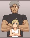  1girl ahoge aqua_eyes bad_id bad_pixiv_id bare_shoulders blonde_hair crossed_arms dark_skin expressionless father_and_daughter gradient gradient_background grey_hair height_difference letterboxed long_hair muscle mustard_seeds one-eyed original scar shirt smile spiked_hair t-shirt tank_top yuuji_(and) 