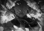  1boy absurdres action bakugou_katsuki bangs boku_no_hero_academia clenched_teeth dust explosion feet_out_of_frame glowing glowing_eyes greyscale highres incoming_attack injury looking_at_viewer male_focus manip monochrome motion_blur muscular outstretched_arms pants short_hair sleeveless smoke solo spiked_hair squatting tank_top teeth torn_clothes torn_pants 