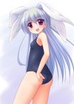  adjusting_clothes adjusting_swimsuit amarotamaro animal_ears ass blue_hair blush bunny_ears flat_chest from_behind long_hair looking_back one-piece_swimsuit original purple_eyes school_swimsuit solo swimsuit very_long_hair 