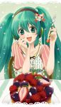  blush food fork fruit galibo green_eyes green_hair hatsune_miku headphones holding holding_fork long_hair smile solo strawberry twintails vocaloid 