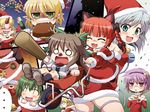  bad_id bad_pixiv_id blonde_hair boned_meat breast_envy christmas everyone food hat highres horn hoshiguma_yuugi kaenbyou_rin kirisame_marisa kisume komeiji_koishi komeiji_satori kurodani_yamame meat mizuhashi_parsee multiple_girls reiuji_utsuho santa_costume santa_hat subterranean_animism touhou triangle_mouth uraichishi wheelbarrow 