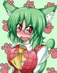  animal_ears ascot bespectacled blush breasts cat_ears cat_tail embarrassed fang glasses green_hair huge_breasts ikue_fuuji kazami_yuuka kemonomimi_mode paw_print plaid plaid_vest red_eyes short_hair solo tail touhou upper_body vest 