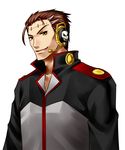  big_al brown_hair headphones headset kotorain male_focus simple_background smile solo stitches vocaloid yellow_eyes 