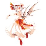  bat_wings dress full_body futaki_nia hat hat_ribbon high_heels highres looking_at_viewer outstretched_hand pink_hair puffy_short_sleeves puffy_sleeves red_eyes remilia_scarlet ribbon short_hair short_sleeves smile solo touhou transparent_background tsurime wings 