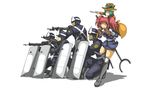  4boys bad_id bad_pixiv_id blue_eyes cosplay green_eyes green_hair gun h&amp;k_mp5 hat heckler_&amp;_koch highres jitte junkei lupin_iii multiple_boys multiple_girls onozuka_komachi police red_hair riot_shield shield shiki_eiki short_hair submachine_gun touhou two_side_up weapon zenigata_kouichi zenigata_kouichi_(cosplay) 