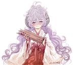 blush hakama hanyuu higurashi_no_naku_koro_ni horns japanese_clothes long_hair messy_hair miko omikuji purple_eyes purple_hair red_hakama ryou_(shirotsumesou) smile solo 