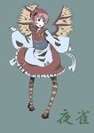  animal_ears apron bad_id bad_pixiv_id dress head_scarf japanese_clothes legs long_sleeves misaka_tsumugi mystia_lorelei nail_polish no_nose obi okamisty pink_hair ribbon sandals sash short_hair simple_background solo striped striped_legwear thighhighs touhou wide_sleeves wings 