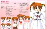  :d artist_request bangs buttons character_profile expressions green_ribbon hair_ribbon hands_up long_sleeves looking_at_viewer open_mouth orange_hair partially_translated peter_pan_collar ribbon sailor_collar shiny shiny_hair short_hair smile standing takamachi_nanoha translation_request triangle_heart white_sailor_collar 