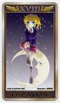  blonde_hair blue_eyes kneehighs moon necktie sitting smile tarot tarot_card umineko_no_naku_koro_ni ushiromiya_jessica 