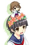  :3 black_hair brown_eyes brown_hair chibi head_wreath kiyama_harumi labcoat multiple_girls necktie pantyhose piku sakugawa_school_uniform school_uniform serafuku short_hair skirt to_aru_kagaku_no_railgun to_aru_majutsu_no_index uiharu_kazari v 