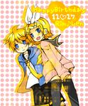  1girl bad_id bad_pixiv_id blonde_hair blue_eyes brother_and_sister hair_ornament hair_ribbon hairclip headphones kagamine_len kagamine_rin m_eme necktie open_mouth ribbon short_hair shorts siblings smile thighhighs twins vocaloid yellow_neckwear 