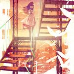  bird brown_eyes brown_hair cityscape dress feathers hat hat_removed headwear_removed highres holding holding_hat long_hair monochrome original red red_sky sky solo spot_color stairs standing vofan wind 