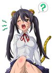 ? absurdres animal_ears black_hair brown_eyes highres k-on! lipstick long_hair makeup nakano_azusa neck_ribbon one_eye_closed red_ribbon ribbon school_uniform solo tail tears tiger_ears tiger_tail twintails whisker_markings y-square yawning 