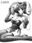  animal_ears boots bunny_ears bunnysuit cellphone gloves greyscale iphone maguta monochrome phone short_hair smartphone solo thighhighs 