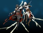  altair_ibn_la-ahad armor assassin's_creed assassin's_creed_(series) assassin's_creed_ii blade boots cape ezio_auditore_da_firenze gauntlets gb_(doubleleaf) hidden_blade hood lightning male_focus multiple_boys pouch rapier sword time_paradox vambraces weapon 