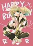  1girl bad_id bad_pixiv_id blonde_hair blue_eyes bow brother_and_sister detached_sleeves hair_bow headset kagamine_len kagamine_rin r-01 short_hair shorts siblings twins v vocaloid 