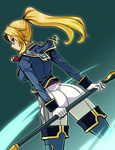  ass blonde_hair from_behind glasses gloves military military_uniform nek polearm ponytail solo spear tales_of_(series) tales_of_graces thighhighs uniform victoria_(tales) weapon 