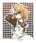  adjusting_hair apron arata_iri blonde_hair braid checkered checkered_background hand_on_own_head kirisame_marisa messy_hair short_hair side_braid solo strap_slip touhou yellow_eyes 