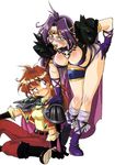  90s araizumi_rui bent_over blue_eyes blush boots breasts cape cleavage crystal_earrings earrings gloves jewelry knee_boots large_breasts lina_inverse multiple_girls naga_the_serpent pauldrons purple_hair red_eyes red_hair revealing_clothes slayers spikes 