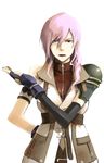  1girl armband bare_shoulders belt elbow_gloves female final_fantasy final_fantasy_xiii fingerless_gloves gloves holysnow lightning_(ff13) lightning_farron long_hair pink_hair purple_eyes simple_background sleeveless sleeveless_turtleneck solo turtleneck violet_eyes white_background 