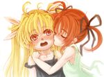  blonde_hair blush brown_hair camisole closed_eyes fate_testarossa hair_ribbon highres kiss long_hair lyrical_nanoha mahou_shoujo_lyrical_nanoha multiple_girls open_mouth red_eyes ribbon ryou_(shirotsumesou) short_twintails strap_slip takamachi_nanoha twintails yuri 