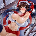  airi_(queen's_blade) blue_eyes blush breasts cleavage cosplay covered_nipples curvy gloves groin hat kanten large_breasts long_hair muscle one_eye_closed queen's_blade red_hair santa_costume santa_hat scarf smile solo thighhighs twintails wide_hips 