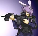  aiming animal_ears bad_id bad_pixiv_id battle_rifle bunny_ears gun junkei left-handed long_hair military_operator purple_hair red_eyes reisen_udongein_inaba rifle scope solo touhou vest weapon 