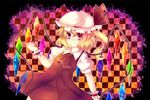  ascot bad_id bad_pixiv_id blonde_hair blush checkered checkered_background crystal demon_wings dress flandre_scarlet puffy_short_sleeves puffy_sleeves red_dress red_eyes short_sleeves simple_background smile solo touhou upper_body uranaishi_(miraura) vampire wings wrist_cuffs 