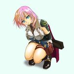  1girl belt big_breasts blue_eyes boots breasts elbow_gloves female final_fantasy final_fantasy_xiii fingerless_gloves full_body gloves large_breasts lightning_(ff13) lightning_farron long_hair miniskirt mori_chu pink_hair skirt solo squat squatting 