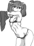  bad_id bad_pixiv_id bikini greyscale hair_between_eyes hohehohe kantai_collection monochrome navel no_hat no_headwear ryuujou_(kantai_collection) solo swimsuit thighs twintails undressing 