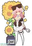  alternate_costume bare_shoulders bottle bow breasts cleavage detached_collar enmaided flower hair_bow headphones ink_bottle large_bow large_breasts long_hair looking_at_viewer maid nitroplus pink_hair red_eyes scissors smile solo sunflower super_sonico thighhighs yeounsi 