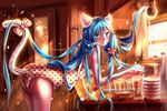  alternate_costume alternate_hairstyle animal_ears bangs bent_over blue_eyes blue_hair blurry blush bokeh bow box cabinet cat_ears cat_tail cup depth_of_field door drinking_glass flower glass hair_flower hair_ornament hatsune_miku highres indoors kemonomimi_mode kona_(koma-m) long_hair looking_at_viewer one-piece_swimsuit paper polka_dot polka_dot_bow polka_dot_swimsuit scroll signature solo sunlight swimsuit tail tail_bow tail_through_clothes unmoving_pattern very_long_hair vocaloid window 