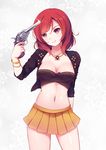  bandeau bracelet breasts cleavage collarbone derivative_work dream_trigger euforia finger_on_trigger gun gun_to_head head_tilt holding holding_gun holding_weapon jewelry looking_at_viewer love_live! love_live!_school_idol_project medium_breasts navel nishikino_maki photo-referenced pile_(seiyuu) purple_eyes red_hair seiyuu_connection short_hair skirt smile solo strapless weapon 