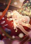  bangs barefoot blonde_hair blue_eyes blurry bound box boxers cable christmas christmas_tree closed_mouth clothes_on_floor depth_of_field dutch_angle gift gift_box glowing headphones highres indoors kagamine_len lamp lying male_focus male_underwear no_pants on_floor on_side ribbon shirtless smile solo spread_fingers striped underwear vocaloid window wooden_wall yotsuba0052 