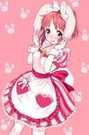  :d abe_nana amezawa_koma animal_ears apron bangs blush bow bunny_ears bunny_girl carrot_necklace commentary_request cowboy_shot dress embarrassed eyebrows_visible_through_hair fake_animal_ears hair_bow heart idolmaster idolmaster_cinderella_girls jewelry looking_at_viewer maid open_mouth pantyhose pendant pink_background pink_hair pocket puffy_short_sleeves puffy_sleeves red_eyes short_sleeves simple_background smile solo standing star striped stuffed_animal stuffed_bunny stuffed_toy tareme vertical-striped_dress vertical_stripes white_apron white_bow white_legwear wrist_cuffs 