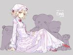  arm_support blonde_hair dated dress frills garnet hand_on_own_knee looking_at_viewer original red_eyes short_hair sketch solo stuffed_animal stuffed_toy teddy_bear 