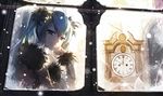  bai_yemeng bare_shoulders blue_eyes blue_hair clock from_outside grandfather_clock grin hair_ornament hatsune_miku head_rest light_smile long_hair long_sleeves looking_out_window smile snowing solo twintails vocaloid window 