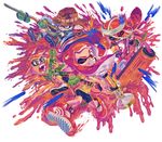  2girls aburaya_tonbi baseball_cap bike_shorts boots carbon_roller_(splatoon) domino_mask e-liter_3k_(splatoon) fangs glasses hat highres ink_tank_(splatoon) inkling long_hair mask multiple_boys multiple_girls one_eye_closed open_mouth paint_roller pointy_ears shoes sneakers splatoon_(series) splatoon_1 splattershot_(splatoon) sploosh-o-matic_(splatoon) super_soaker tentacle_hair 