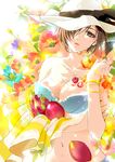  alternate_costume bare_shoulders berries bikini_top bracelet breasts brown_hair cleavage collarbone dragon_fruit floral_background food food_on_body fruit hat hat_ribbon jewelry karakoro lace-up_top large_breasts meiko midriff nail_polish navel one_eye_covered parted_lips red_nails ribbon short_hair solo sun_hat sweat towel upper_body vocaloid water_drop 