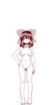  amazon_(taitaitaira) arm_at_side ass_visible_through_thighs barefoot black_hair bow breasts expressionless feet full_body hair_bow hair_tubes hakurei_reimu hand_on_hip highres large_breasts legs looking_to_the_side monochrome nude solo thighs touhou 