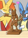  blush brown_eyes chocolate chocolate_statue delphox gen_4_pokemon gen_6_pokemon heart lucario no_humans pokemon pokemon_(creature) valentine 