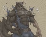  abs angry anthro biceps big_muscles bulge canine claws clenched_teeth clothed clothing ear_tuft fangs flakjacket0204 front_view fur grey_fur growth half-dressed hi_res japanese_text male mammal multicolored_fur muscle_growth muscular orange_eyes pecs pubes raised_tail shirt short simple_background solo standing sweat teeth text topless torn_clothing transformation tuft two_tone_fur vein were werewolf 