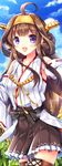  bare_shoulders blue_sky boots brown_hair cloud day detached_sleeves double_bun field flower flower_field fukase_ayaka hairband headgear japanese_clothes kantai_collection kongou_(kantai_collection) long_hair nontraditional_miko open_mouth purple_eyes skirt sky smile solo sunflower thigh_boots thighhighs zettai_ryouiki 