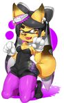  anthro beauty_mark black_hair bow breasts callie_(splatoon) canine cleavage clothed clothing female fox gloves hair hat ksyaro mammal navel nintendo open_mouth piercing sharp_teeth simple_background solo splatoon teeth tentacle_hair tentacles video_games white_background yellow_eyes 