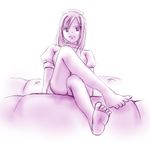  bangs barefoot couch crossed_legs feet hat higurashi_no_naku_koro_ni kotoki_ayami long_hair looking_at_viewer monochrome nurse nurse_cap open_mouth parted_bangs sitting sketch solo takano_miyo 